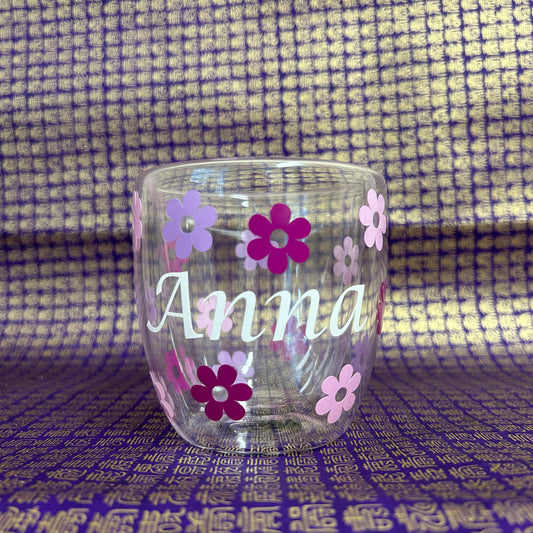 Personalised Pink Floral Double Walled Glass Cup